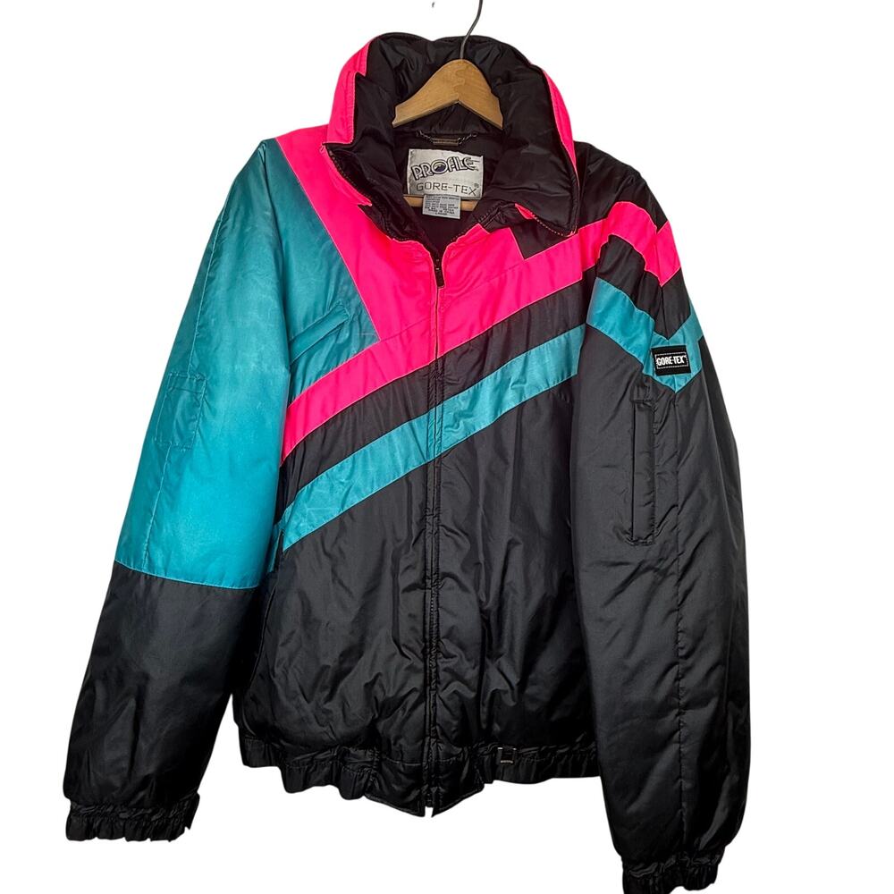 Profile Gore-Tex Vintage Ski Jacket Size L Black Pink Teal 80s 90s  Down Retro